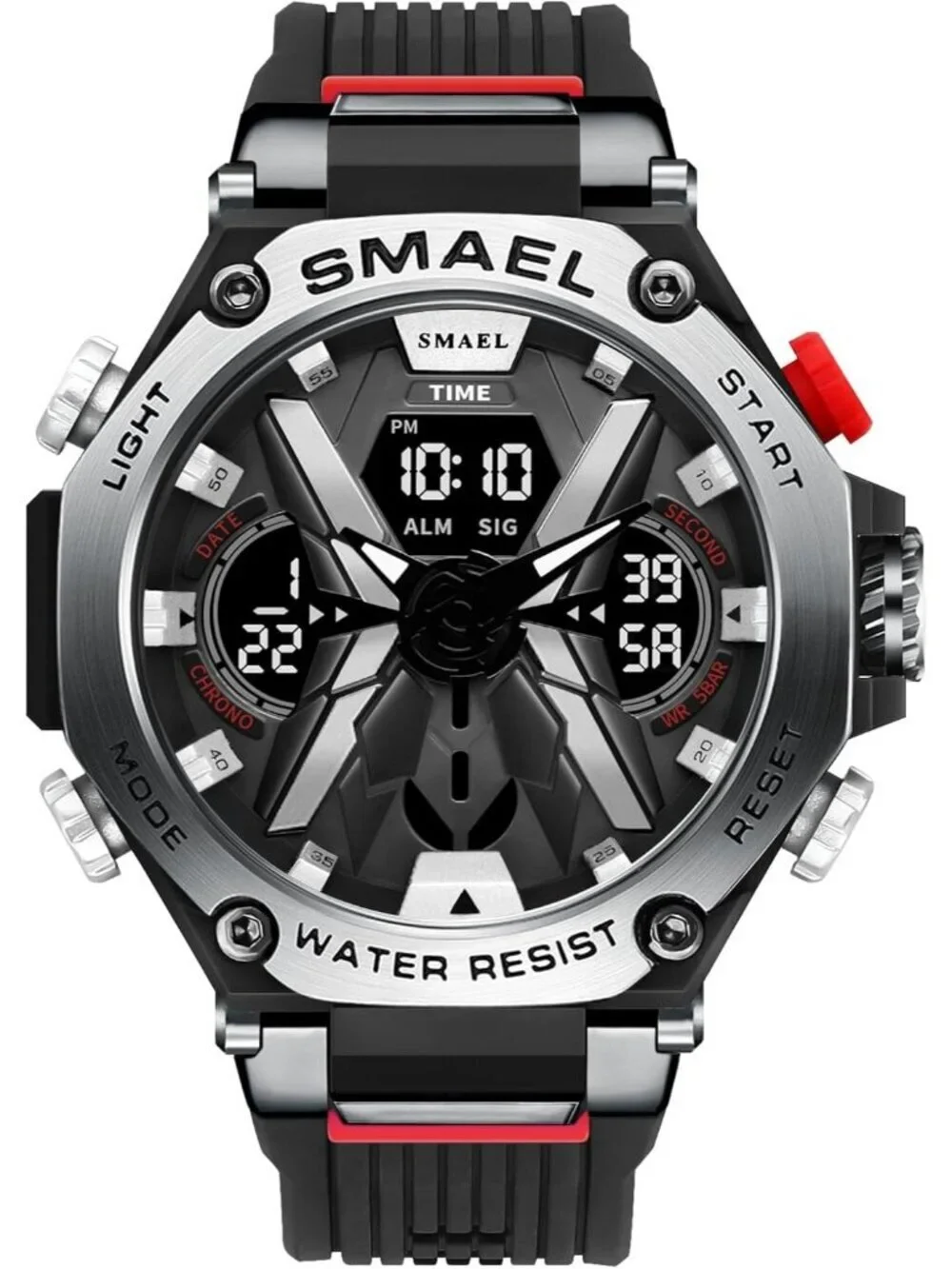 Men's Black Silver Analog Quartz Sports Waterproof Military Alarm Digital Watch